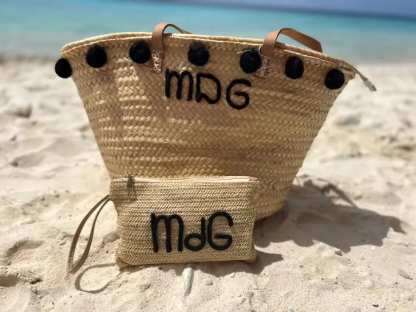 Personalised raffia tote bag with monogram